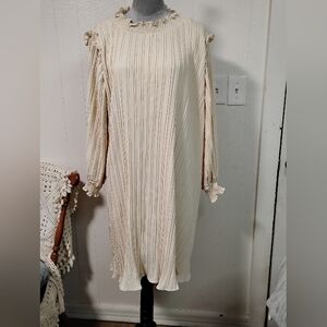Cream Pleated Vintage Inspired Dress M Long Sleeve  Midi Timeless Relaxed Fit